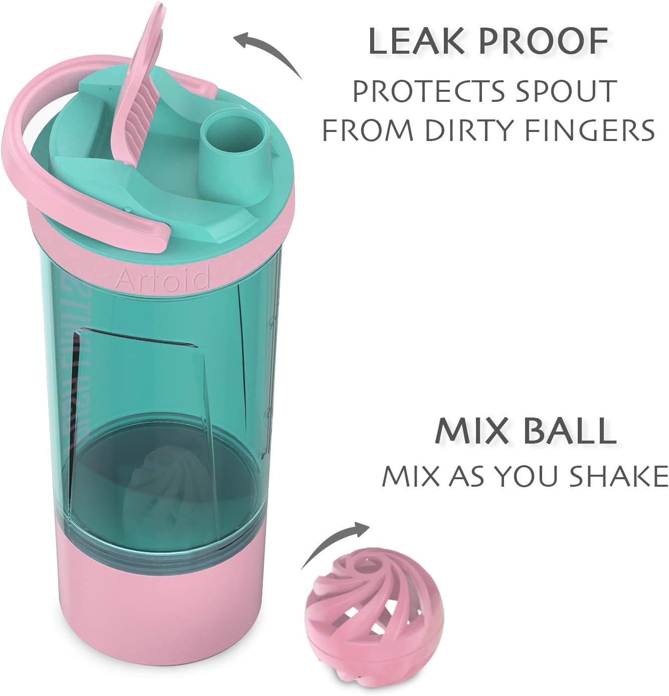 Artoid Mode Fitness Workout Sports Protein Shaker Bottle 24-Ounce, Dual Mixing Technology with Shaker Balls & Mixing Grids Included, Twist and Lock Protein Box Storage Included