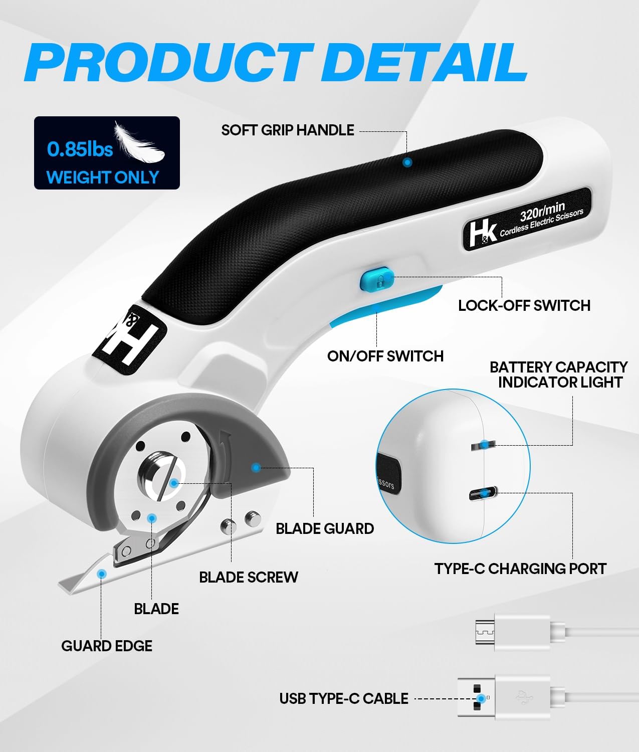 HK Cordless Electric Scissors, 4V Electric Box Cutter, Carpet & Cardboard Cutter with a Replacement Blade/Charger, Rotary Cutter for Cardboard Packages Leather Plastic (White)