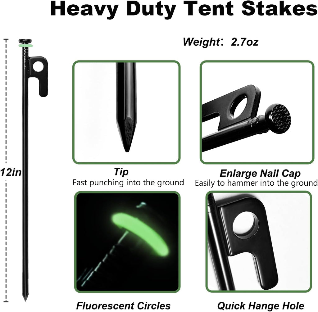 24Pcs Tent Stakes, 12in Heavy Duty Tent Stakes with Storage Pouch, Forged Steel Metal Stake for Tent Used on Rocky Place, Grassland, Dessert(24Pcs, 12in, Diameter 1/4")