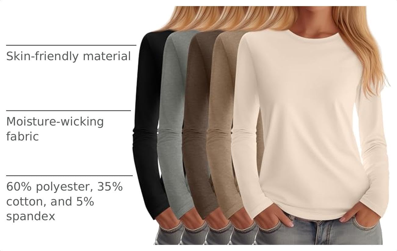 Huukeay 5 Pack Women's Crew Neck Long Sleeve Shirts