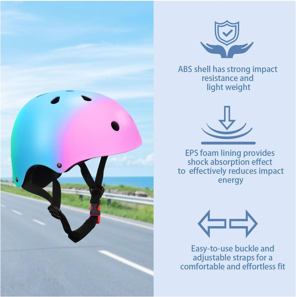 Color Gradient Adjustable Kids Bike Helmet with Knee & Elbow Pads Set | Multi-Sport Safety Gear for Boys & Girls Ages 5-14 | Skateboarding, Scooters, Roller & Inline Skating, Longboarding
