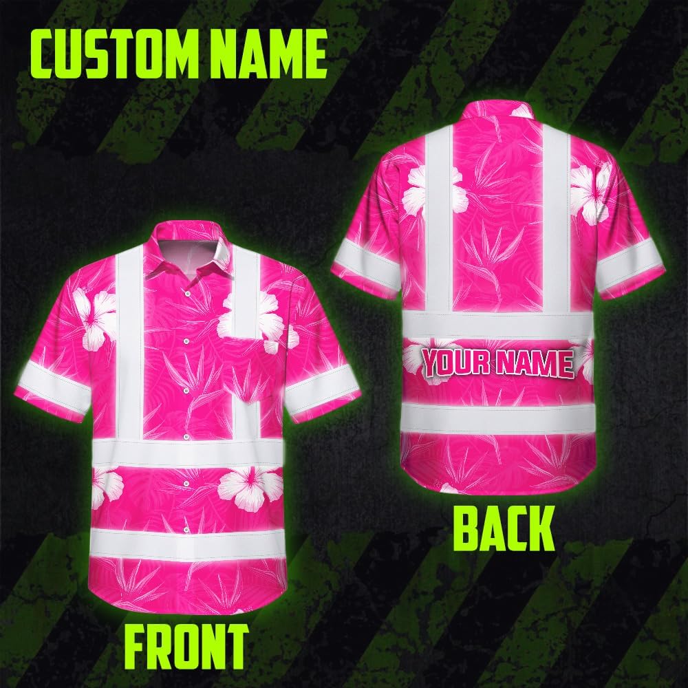 High Visibility Hawaiian Shirt for Men Tropical Shirts Custom Name Floral Outfit Reflective Safety Workwear