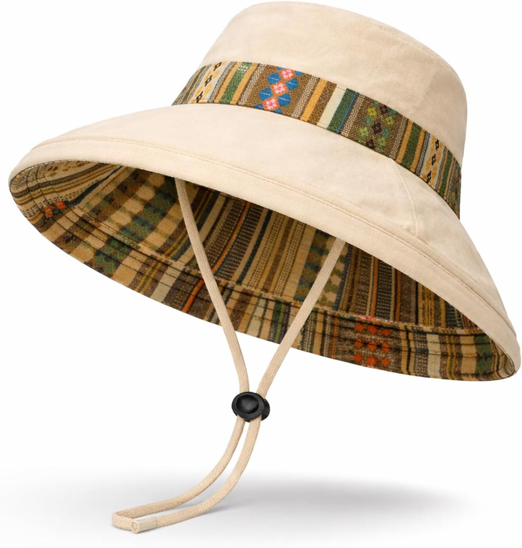 Wide Brim Sun Hat for Women Reversible Beach Hats Metal Wired Edge Gardening Hats, UPF 50+ Bucket Summer Hat