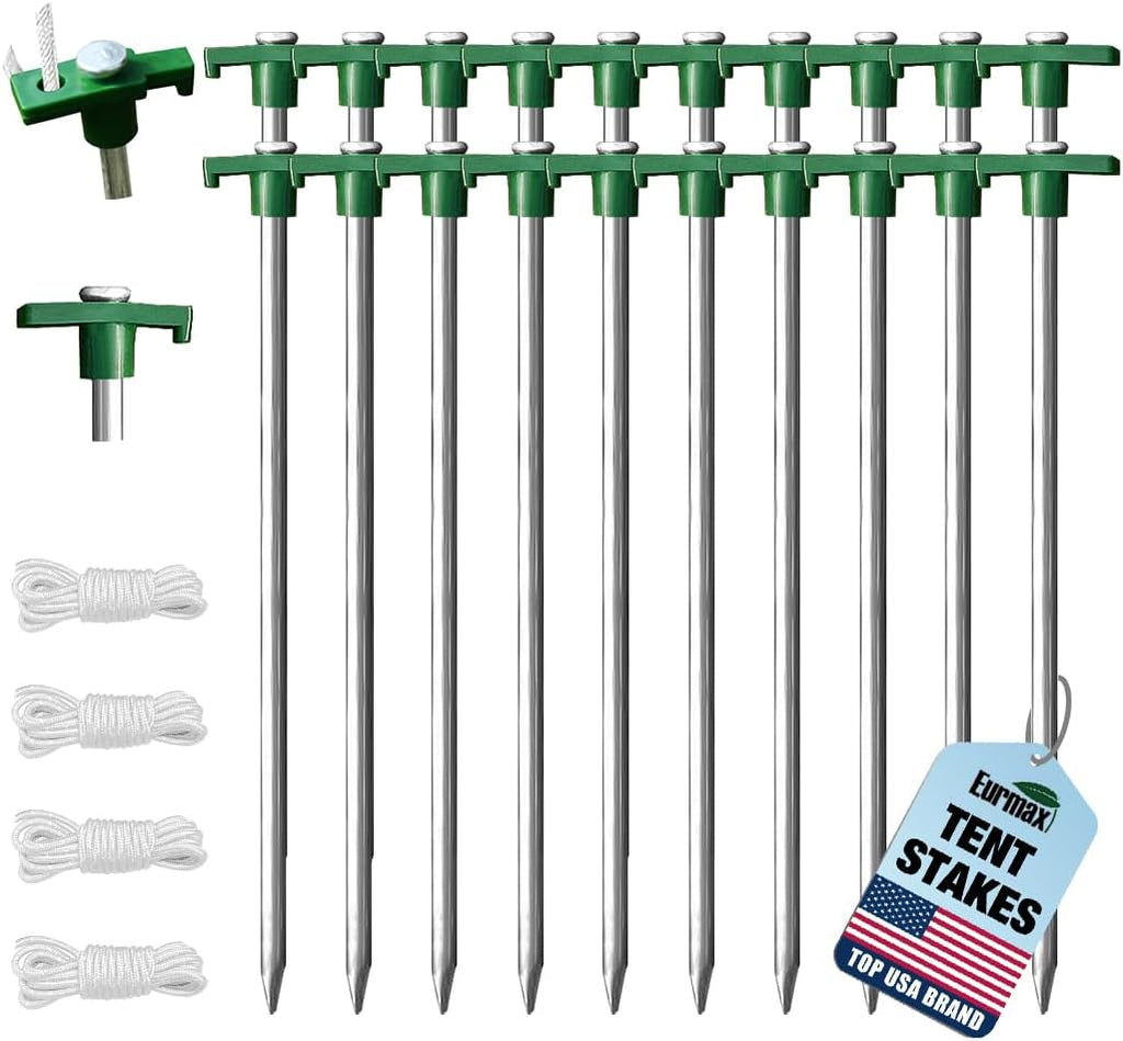 Eurmax USA 20-Pack Secure Protection Galvanized Tent Stakes,Rust-Proof Steel Canopy Anchors for High Winds,Heavy Duty Commercial Ground Pegs for Camping,Pop Up Tents&Gazebos - Includes 4x10ft Ropes