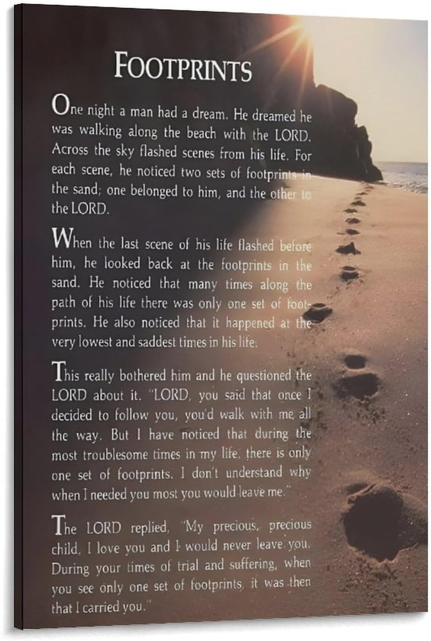 Footprints in the Sand Religious Canvas Wall Art Posters, Inspirational Beach Sunset Poem Print Poster (Framed 20x30inch, Footprints(7))