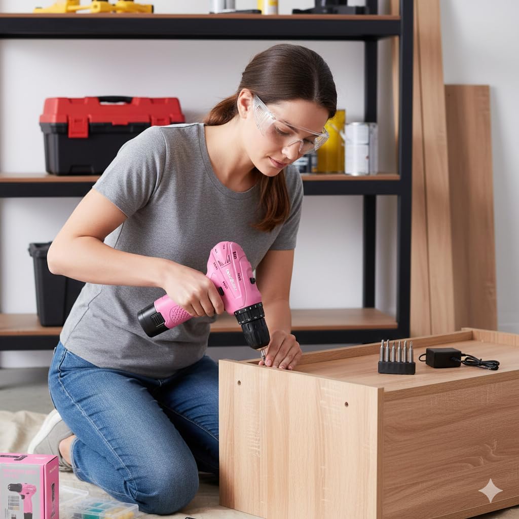12V Cordless Drill Set with 2 Battery, Pink Drill for Women