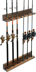 MyGift Rustic Wood Wall Mounted Fishing Rod Holder Rack, Holds 6 Rods