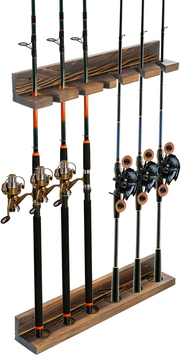 MyGift Rustic Wood Wall Mounted Fishing Rod Holder Rack, Holds 6 Rods