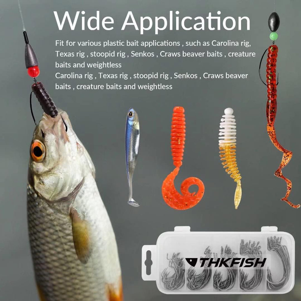 THKFISH 50pcs/100pcs/box Offset Worm Hook Fishing Hook Set Dropshot Hook Set Rubber Fish Jigs Fishing Kit # 2# 1 1/0 2/0 3/0