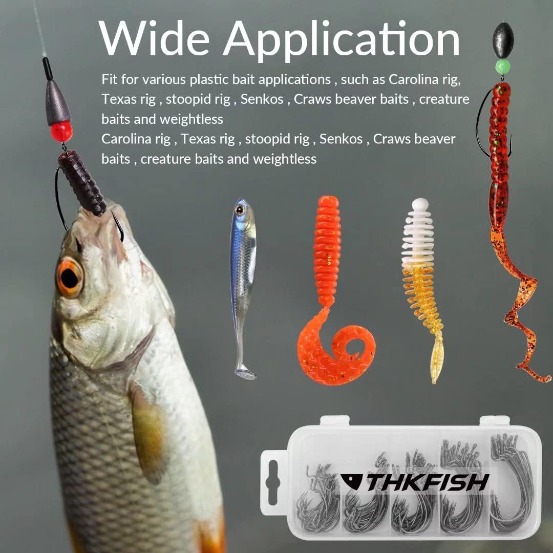 THKFISH 50pcs/100pcs/box Offset Worm Hook Fishing Hook Set Dropshot Hook Set Rubber Fish Jigs Fishing Kit # 2# 1 1/0 2/0 3/0