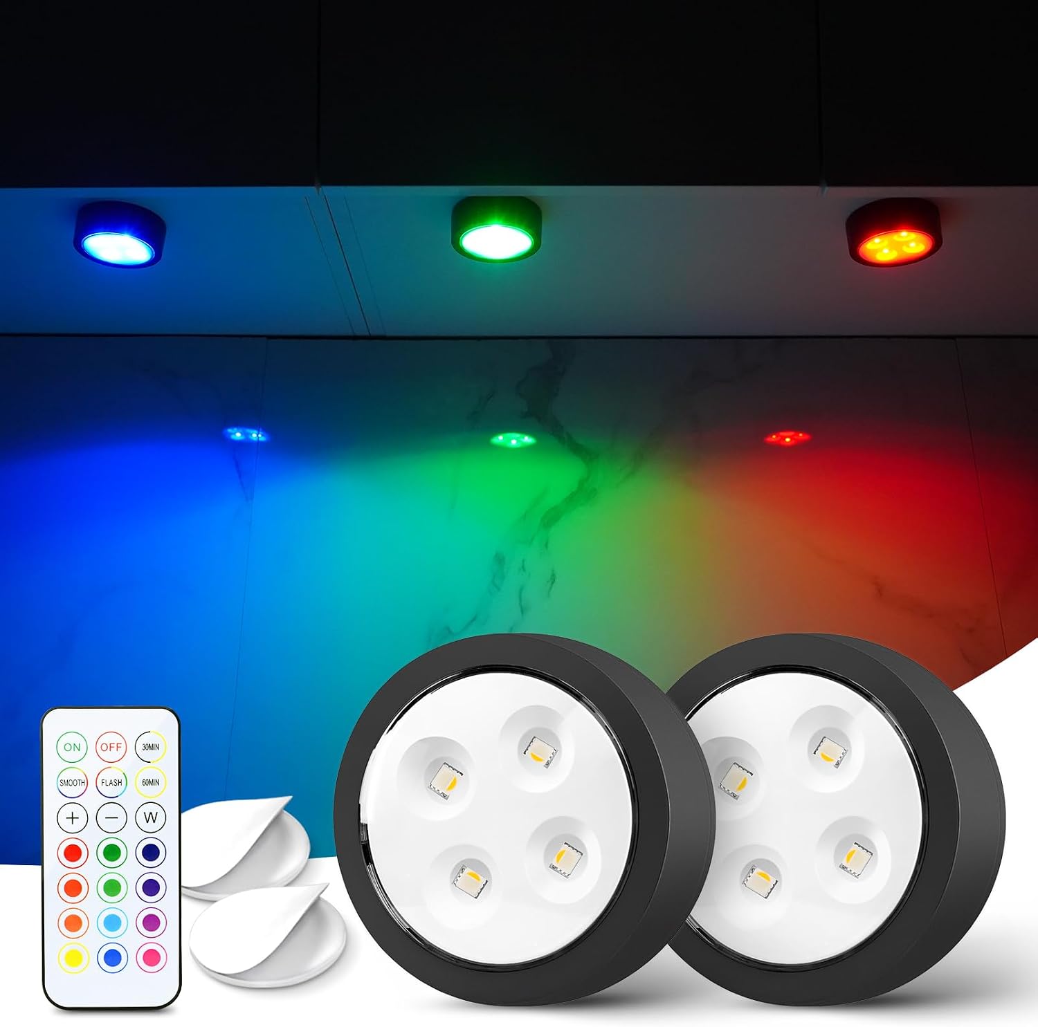 Push Lights with Remote 6-Piece Battery-Powered LED Hockey Puck Lights, Wireless Under-Cabinet & Baseboard Illumination, Dimmable & Color-Changing (2 Pack Black, Color)