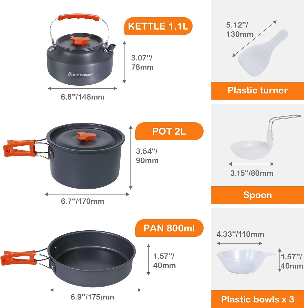 10-Piece Camping Cookware Set with 2L Pot, 1.1L Kettle and Pan