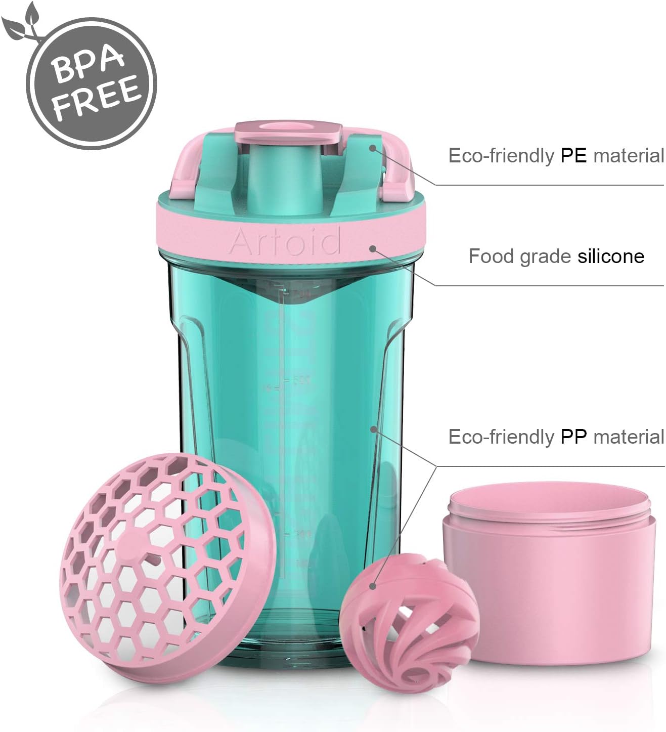 Artoid Mode Fitness Workout Sports Protein Shaker Bottle 24-Ounce, Dual Mixing Technology with Shaker Balls & Mixing Grids Included, Twist and Lock Protein Box Storage Included