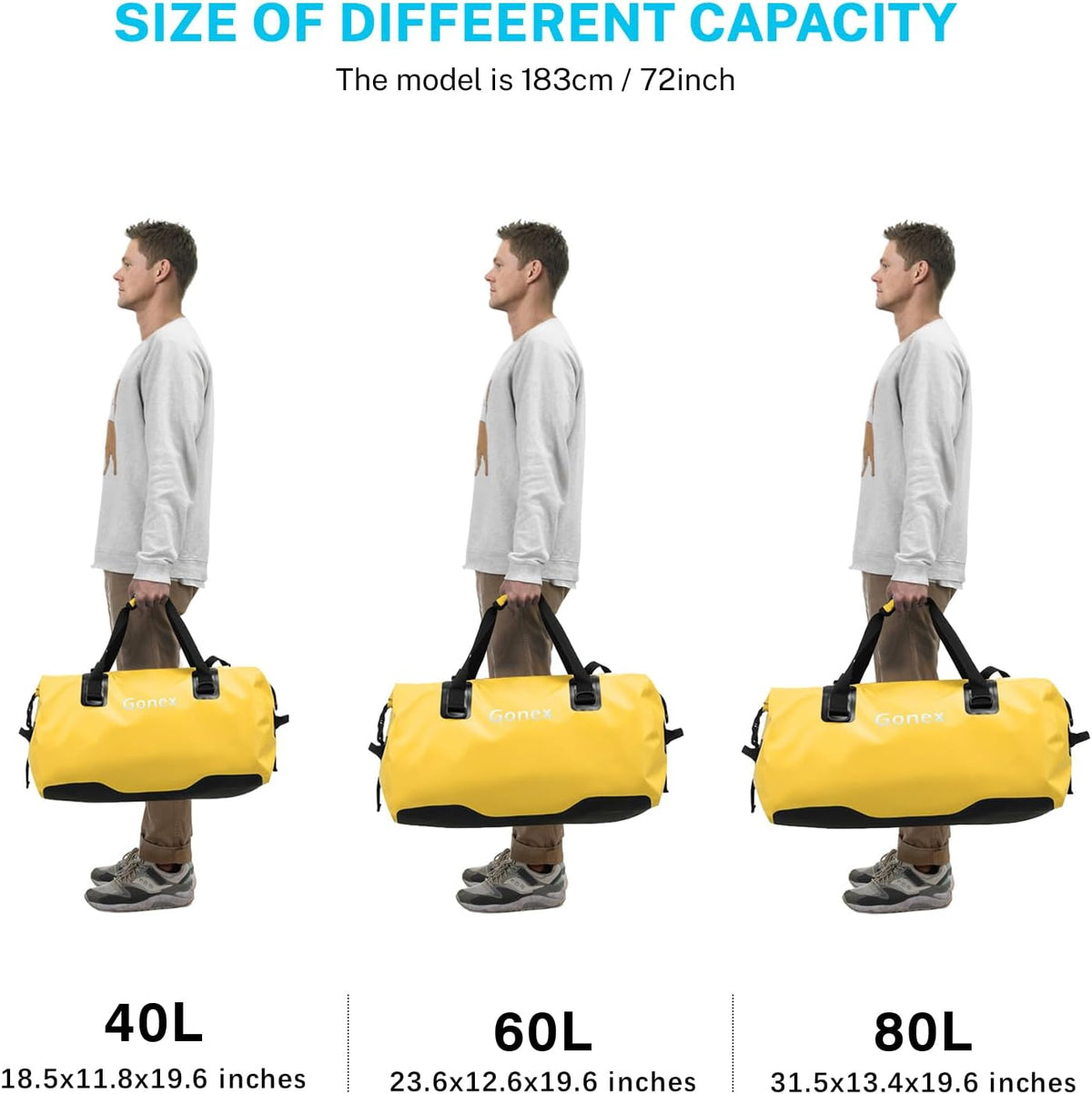 Gonex Waterproof Duffel Bag, 40L/60L/80L Roll-Top Travel Kayaking Dry Bag