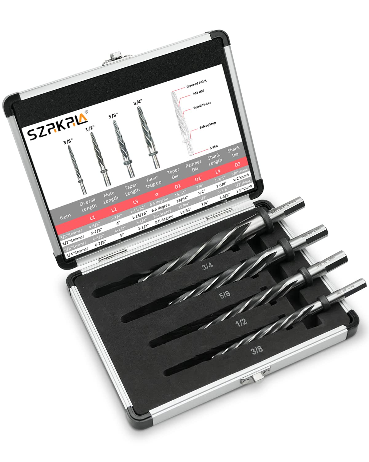 4Pcs Drill Bridge/Construction Reamer Bit Set 3/8" 1/2" 5/8" 3/4" with 1/2" Shank HSS Taper Chucking Reamer Bit Tool for Steel Metal Wood Alloy Drilling Hole with Aluminum Box