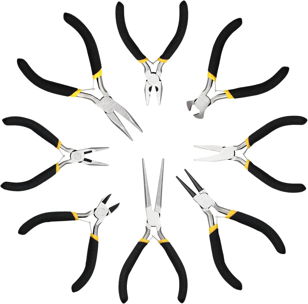 8-Piece 4.5-Inch Mini Pliers Kit - Long Nose, Diagonal, End Cutting, Bent Nose, Combination, Flat Nose, Needle Nose & Round Nose Tools for Jewelry Making