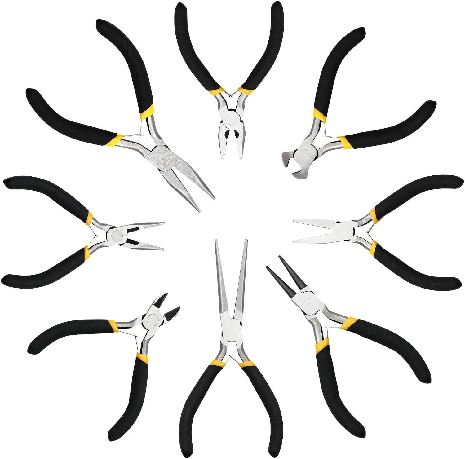 8-Piece 4.5-Inch Mini Pliers Kit - Long Nose, Diagonal, End Cutting, Bent Nose, Combination, Flat Nose, Needle Nose & Round Nose Tools for Jewelry Making