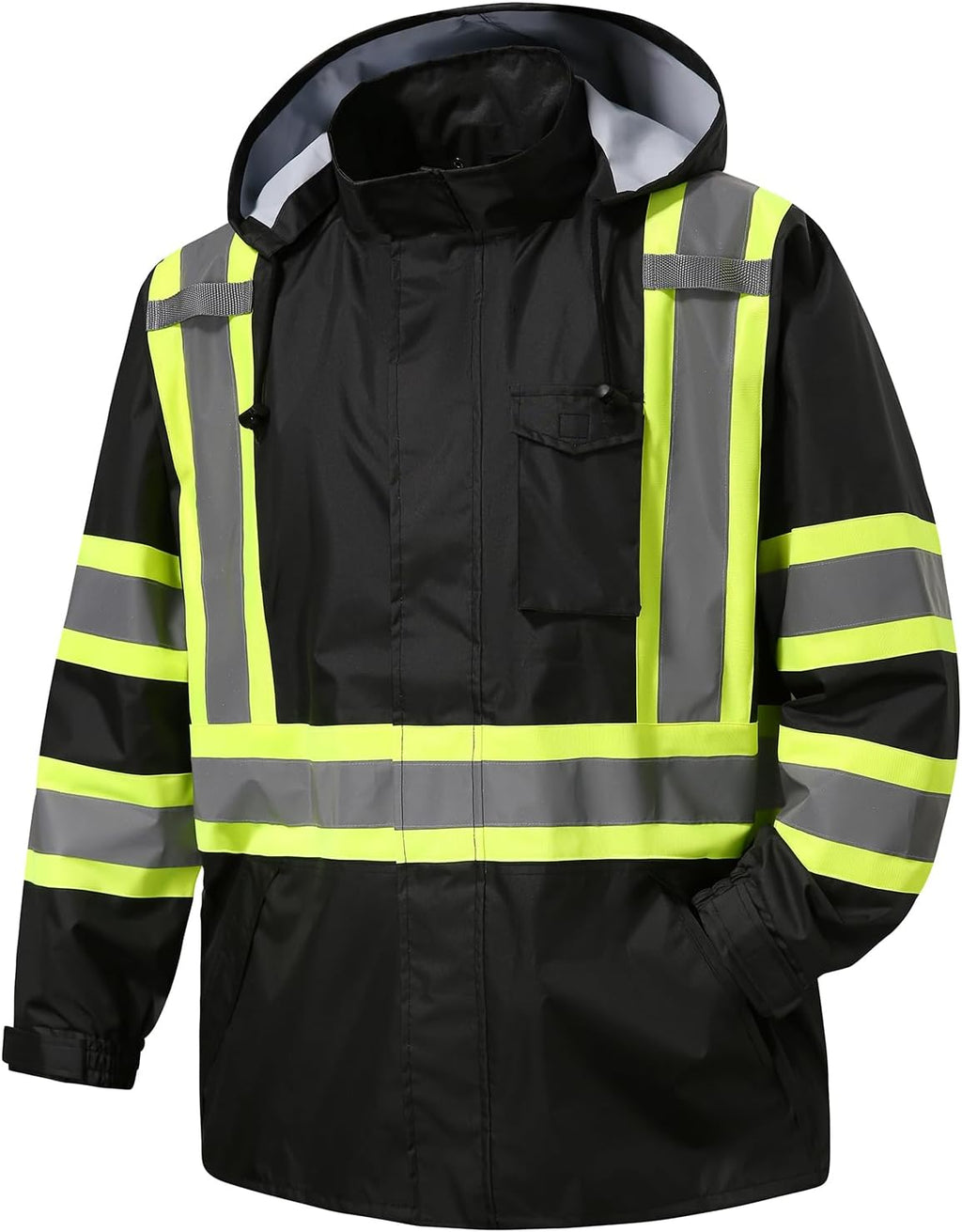 Reflective Rain jackets for men waterproof,Hi Vis Safety Coat With Reflective Strips，High Visibility Class 3 Rain jackets With 2 large pockets，Zipper,Black ，4XL/5XL