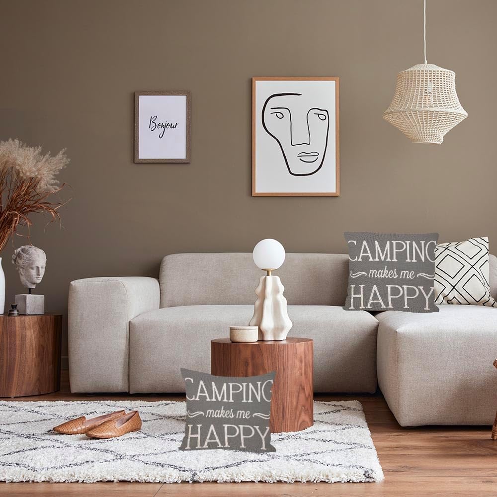 Camping Makes Me Happy Pillowcases Set of 2 18x18 Gray Background Throw Pillow Covers Pillow Cushion Case Polyester Linen for Sofa Couch Bedroom Living Room Car