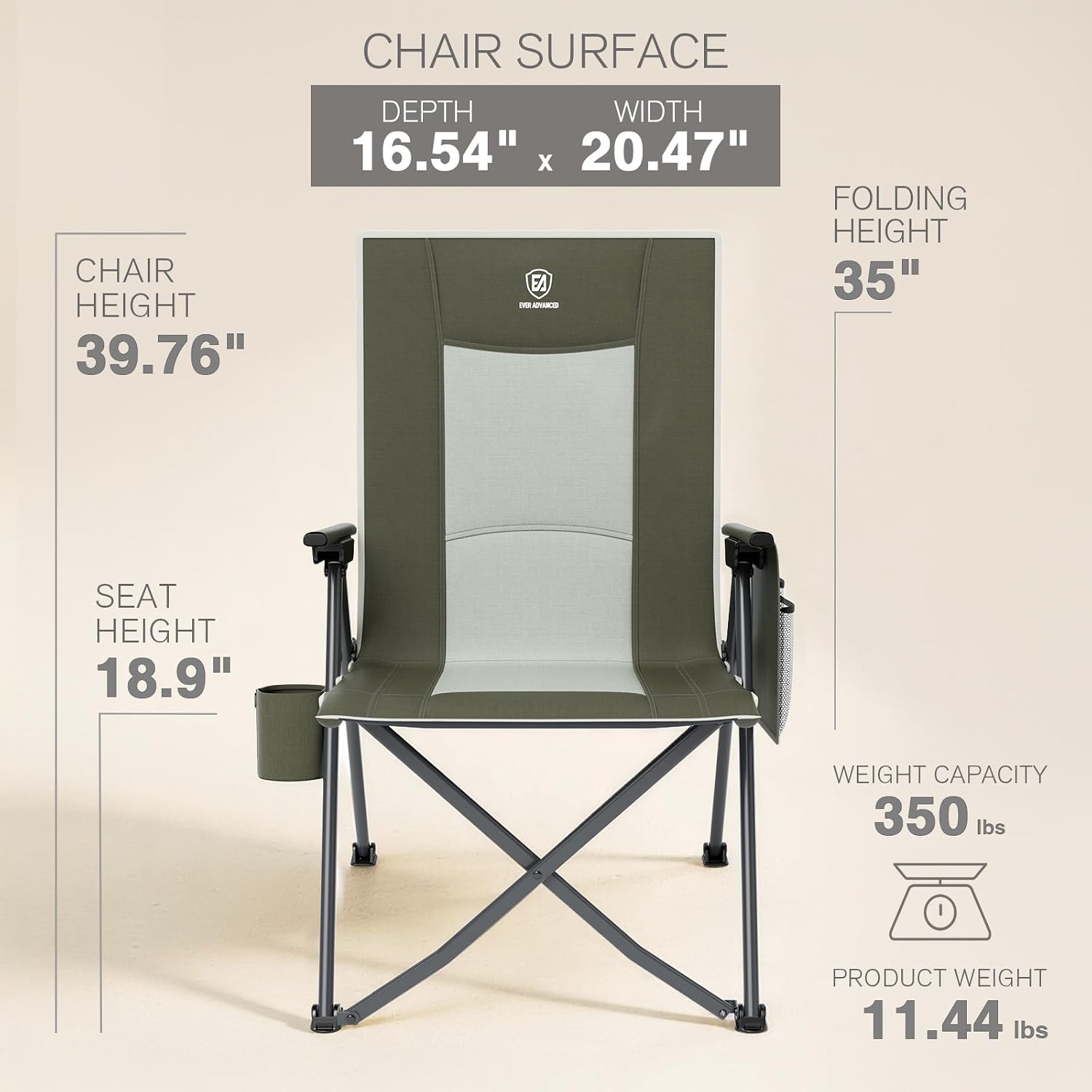 EVER ADVANCED Reclining Camping Chairs for Adult Supports 350lbs Green
