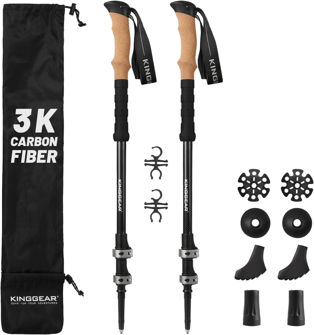Carbon Fiber Trekking Poles Cork EVA Grip Lightweight | 8.2oz, Telescopic 90-135cm, Metal flip Locks, for Hiking, with Snow/mud/Rubber Tips & Bag