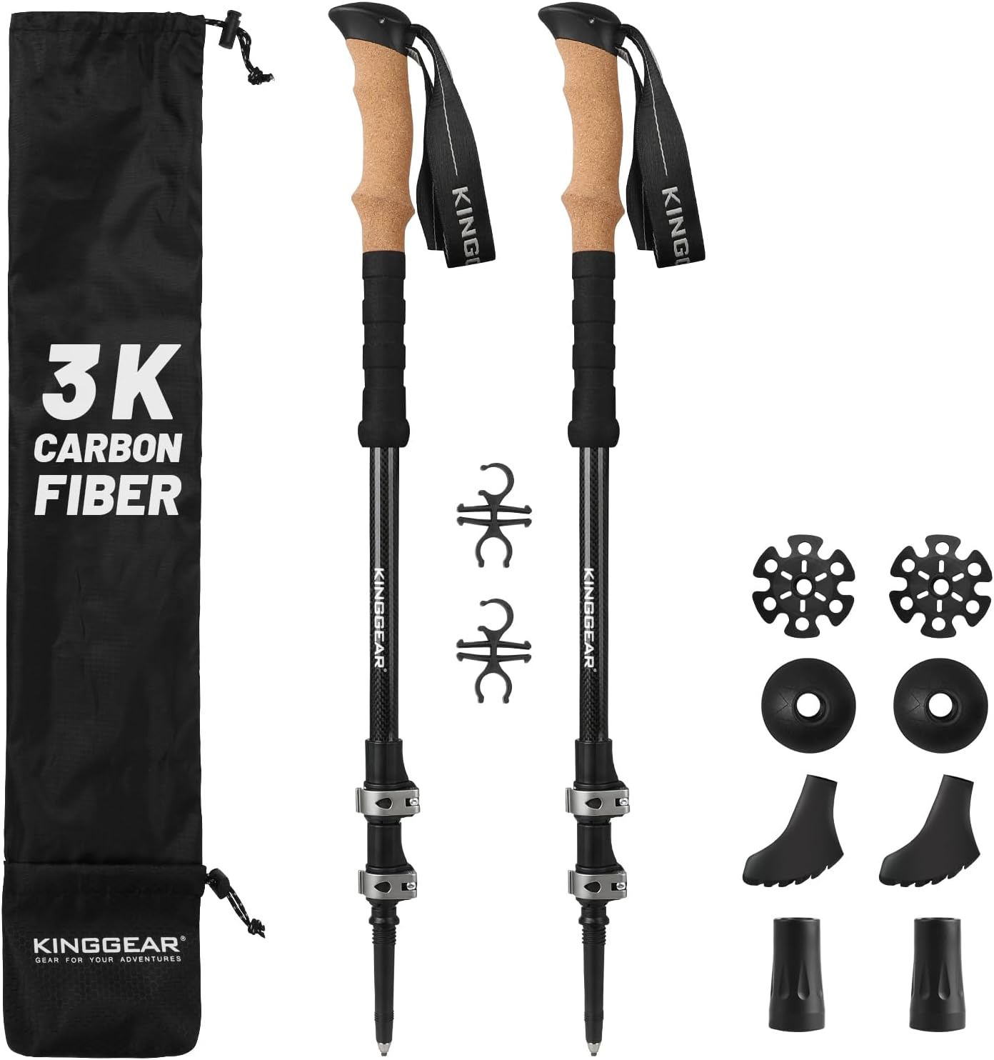 Carbon Fiber Trekking Poles Cork EVA Grip Lightweight | 8.2oz, Telescopic 90-135cm, Metal flip Locks, for Hiking, with Snow/mud/Rubber Tips & Bag