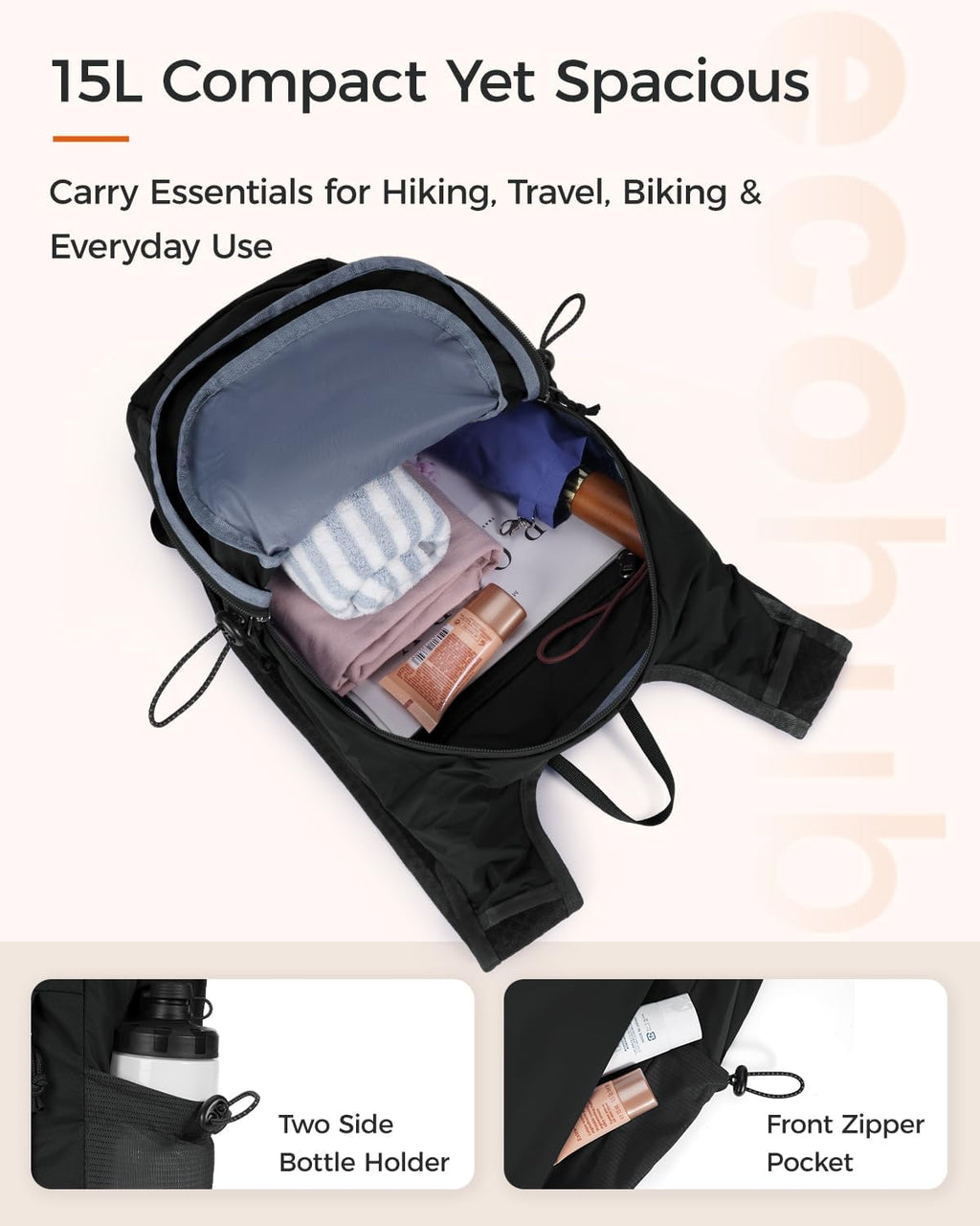 ECOHUB Small Hiking Daypacks Men 15L Lightweight Backpack for Travel Black