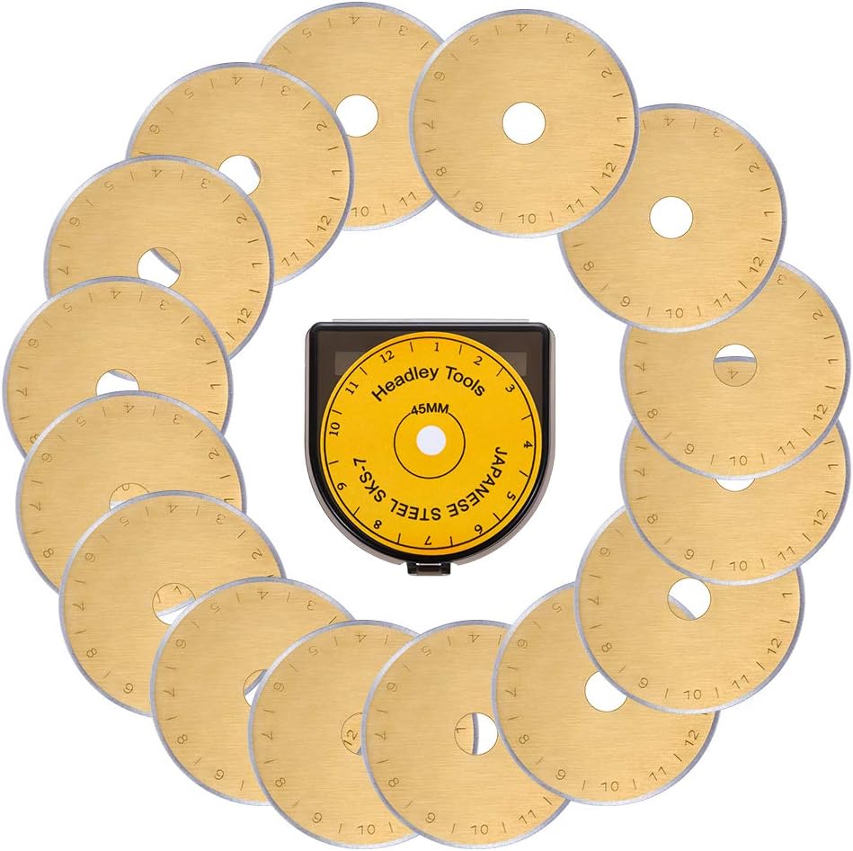 HEADLEY TOOLS Titanium Coated 45mm Rotary Cutter Blades 15 Pack Fits Olfa, Fiskars, Replacement Rotary Blade for Arts Crafts Quilting Scrapbooking Sewing, Sharp and Durable