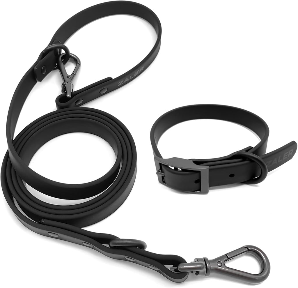 ZALER Dog Collar and Leash Set, Waterproof Adjustable Odor Proof Pet Collars Leashes Easy to Clean, 6FT Dog Leash with 2 Hooks for Large, Medium Small Dogs (M, Black)