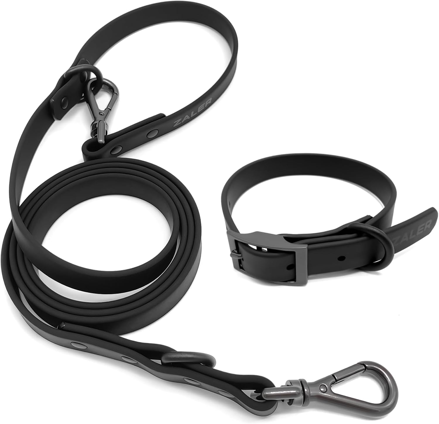 ZALER Dog Collar and Leash Set, Waterproof Adjustable Odor Proof Pet Collars Leashes Easy to Clean, 6FT Dog Leash with 2 Hooks for Large, Medium Small Dogs (M, Black)