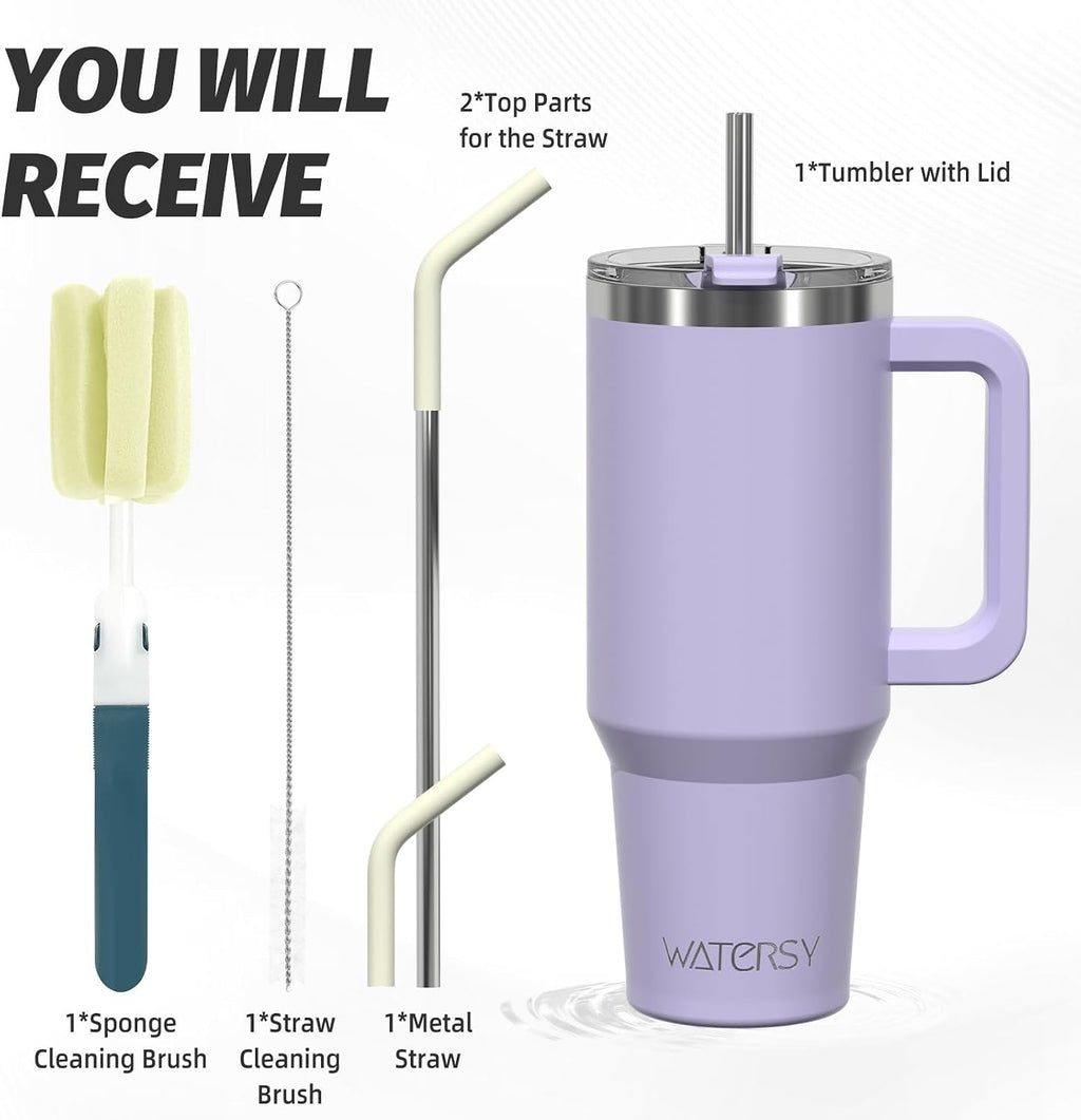 40 oz Tumbler with Handle,Tumbler with Lid and Straw,Double Wall Insulated Cup Stainless Steel Travel Mug(Cold for 34 Hours),Water Bottle for Iced Tea,Coffee,Cold Beverages(Purple)