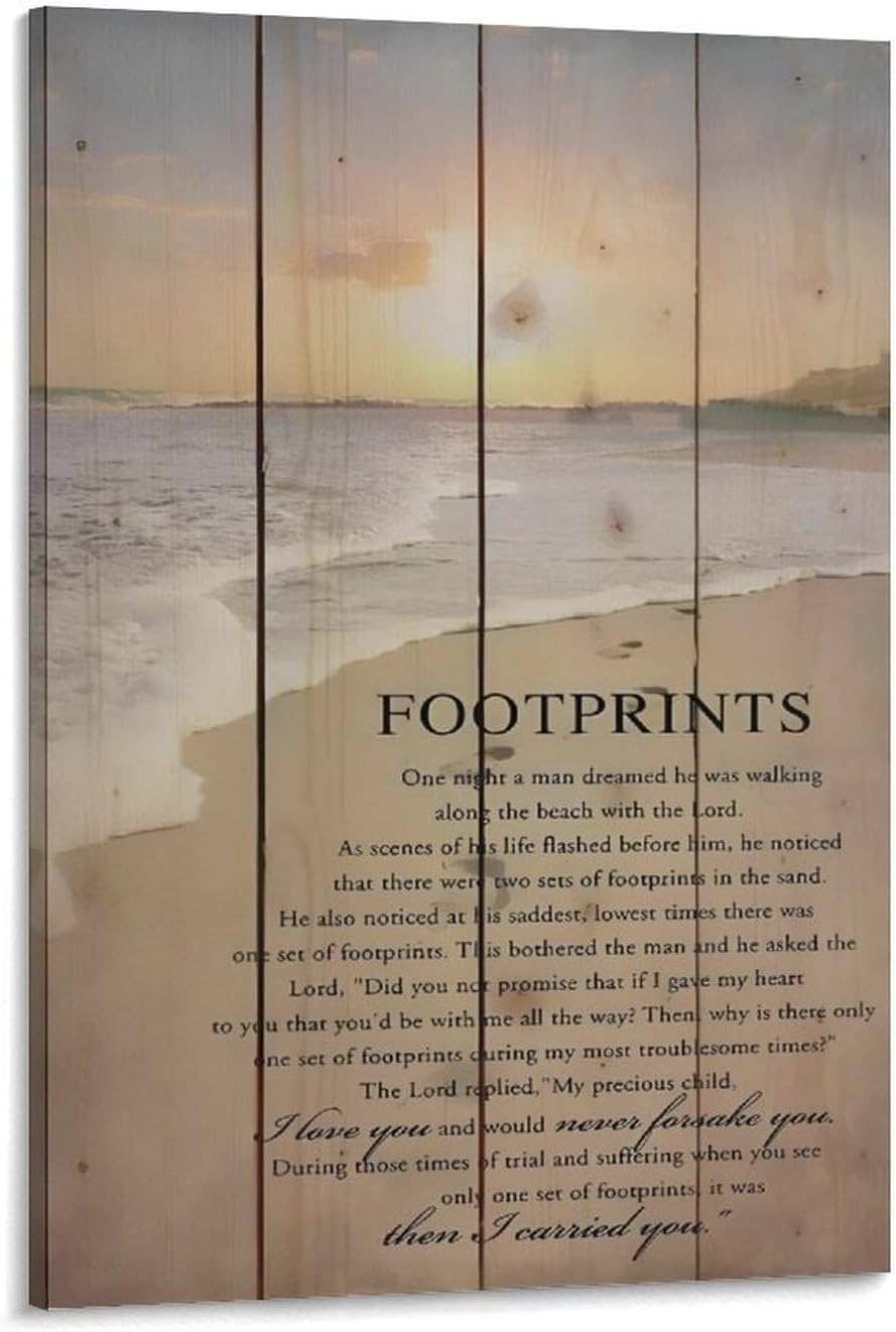 Footprints in the Sand Religious Canvas Wall Art Posters, Inspirational Beach Sunset Poem Print Poster (Framed 20x30inch, Footprints(1))