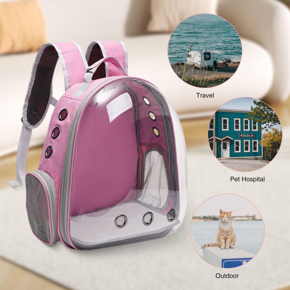 Vivicreate Large Cat Backpack Carrier for Travel and Hiking Transparent Pet Bubble Backpack for Cats up to 20lbs with Ventilation and Padded Straps Mochila para Gatos transportadora mascotas (Pink)