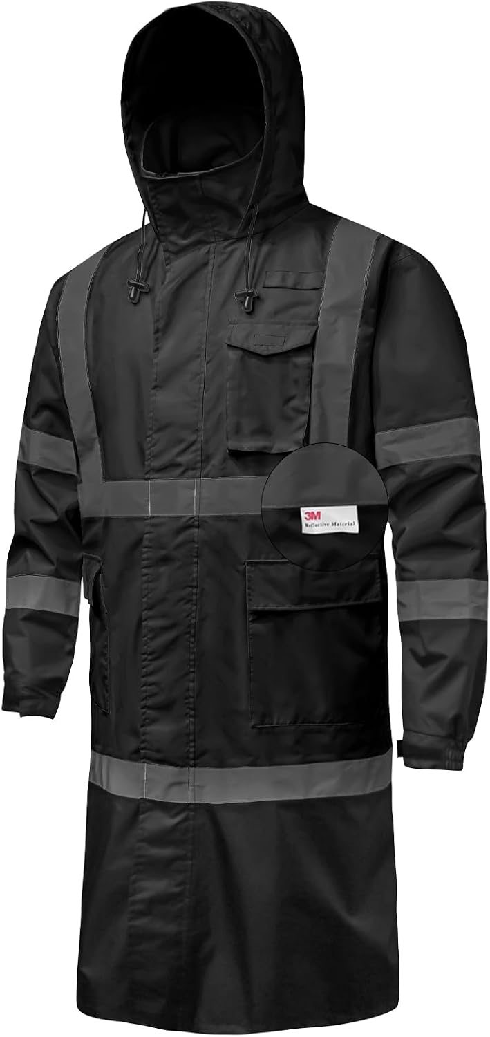 Hi Vis Rain Jacket with 3M Reflective Stripe,High Visibility Class 3 Rain coats,Safety Waterproof Rain Suits for Men with Hood and 2 Large Pockets construction work rain gear(Black 6XL)
