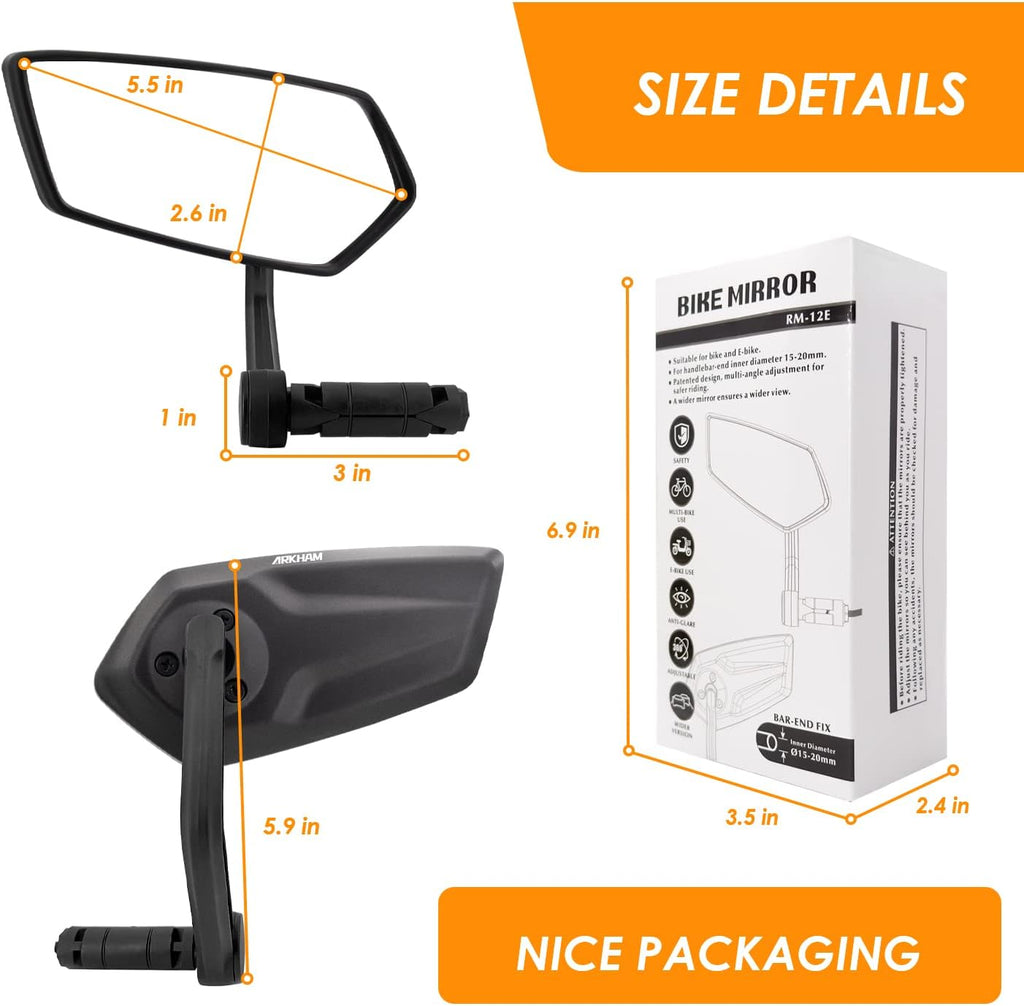 Arkham Bike Mirror for 0.59-0.65" Diameter Handlebar HD Bar End Bicycle Mirror Thickened Auto-Grade Glass for Handlebar Rearview Mirror Essential Bike Tool for Bicyclists E-Bike (Left)