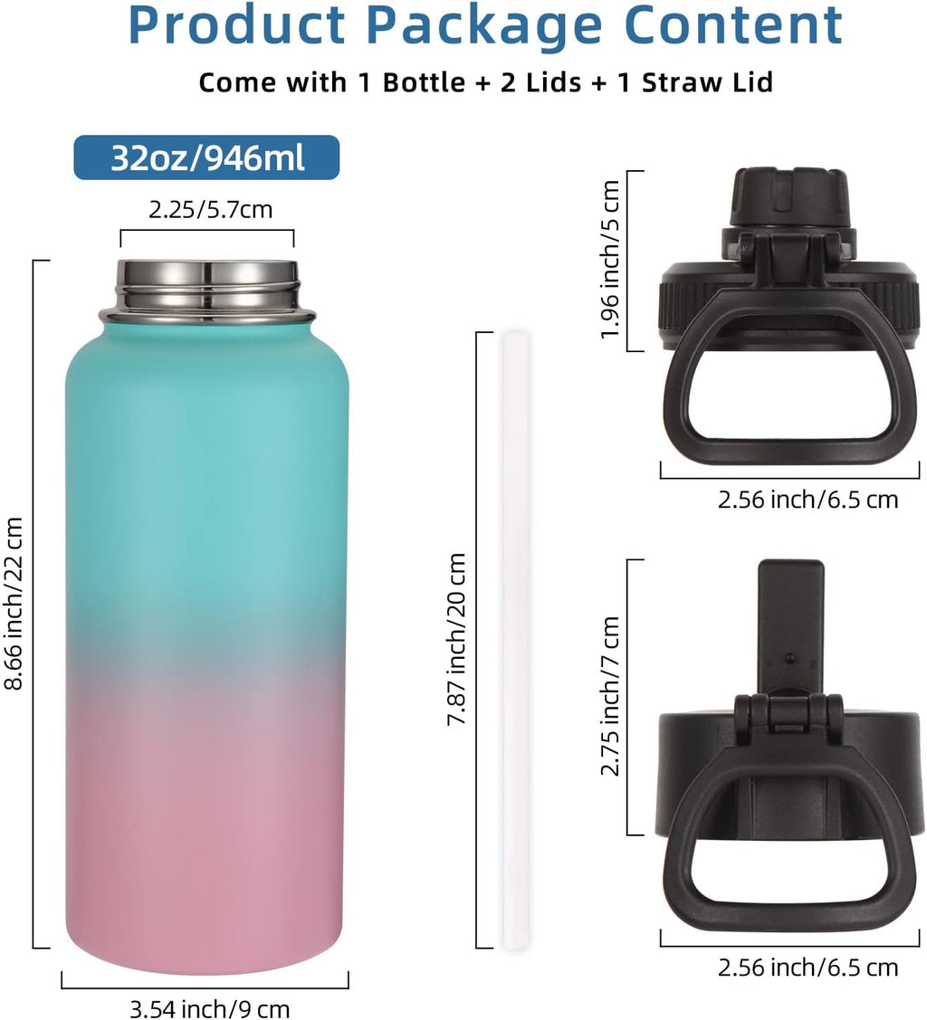 Volhoply 32 oz Water Bottles Bulk 2 Pack with Straw Lid & Spout Lid,Insulated Sports Water Bottle,Double Wall Vacuum Stainless Steel Cups,Leakproof Wide Mouth Metal Flask for Travel(Assorted,2)