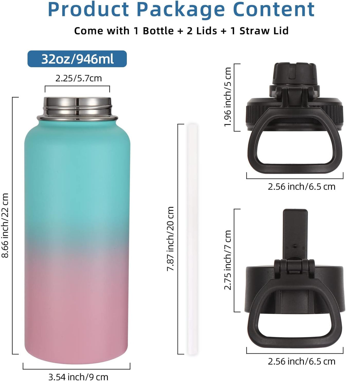 Volhoply 32 oz Water Bottles Bulk 2 Pack with Straw Lid & Spout Lid,Insulated Sports Water Bottle,Double Wall Vacuum Stainless Steel Cups,Leakproof Wide Mouth Metal Flask for Travel(Assorted,2)