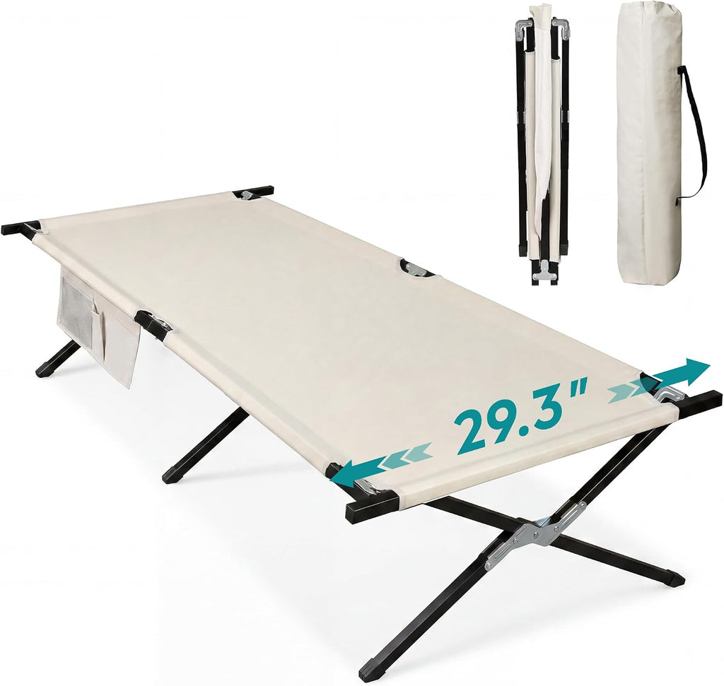WLIVE 1200D Oxford Camping Cot with Washable Mattress for Adults, Greige