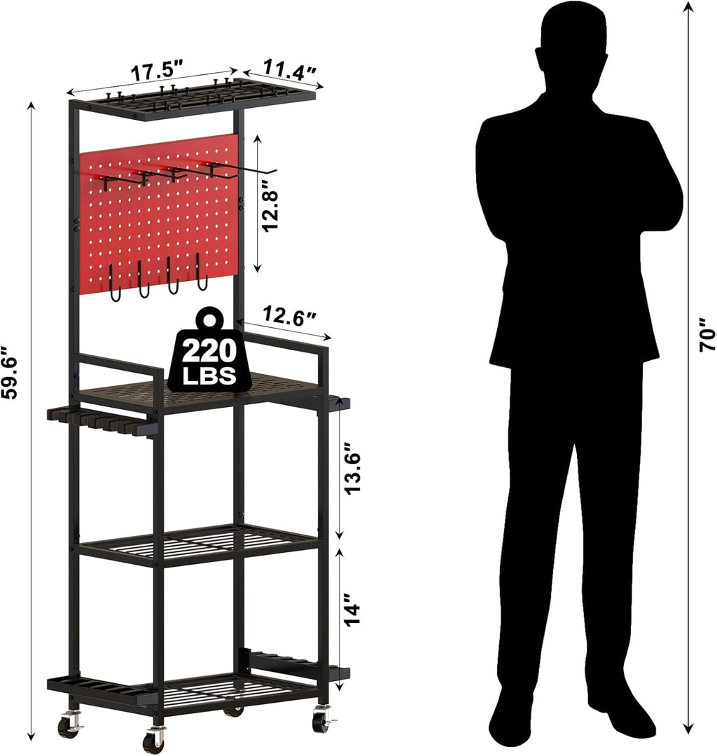 Fishing Rod Holders for Garage, 12-Rod Rolling Tackle Cart, Red