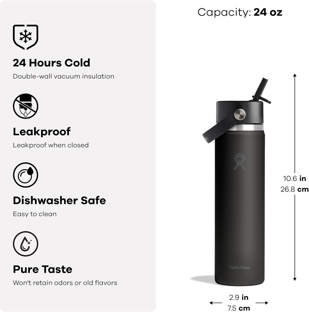Hydro Flask Water Bottle - Insulated Stainless Steel - Wide Straw Lid, Non Spill, Leakproof in 24 Oz Harbor Blue