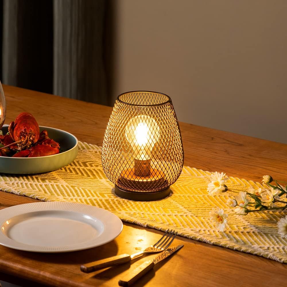 Set of 2 Battery Operated Lamp LED Table Lantern, Brown Metal Cage Cordless Lamps with LED Bulb，Vintage Decorative Outdoor Lantern for Weddings, Parties, Patio, Events for Indoors Shelf Decor
