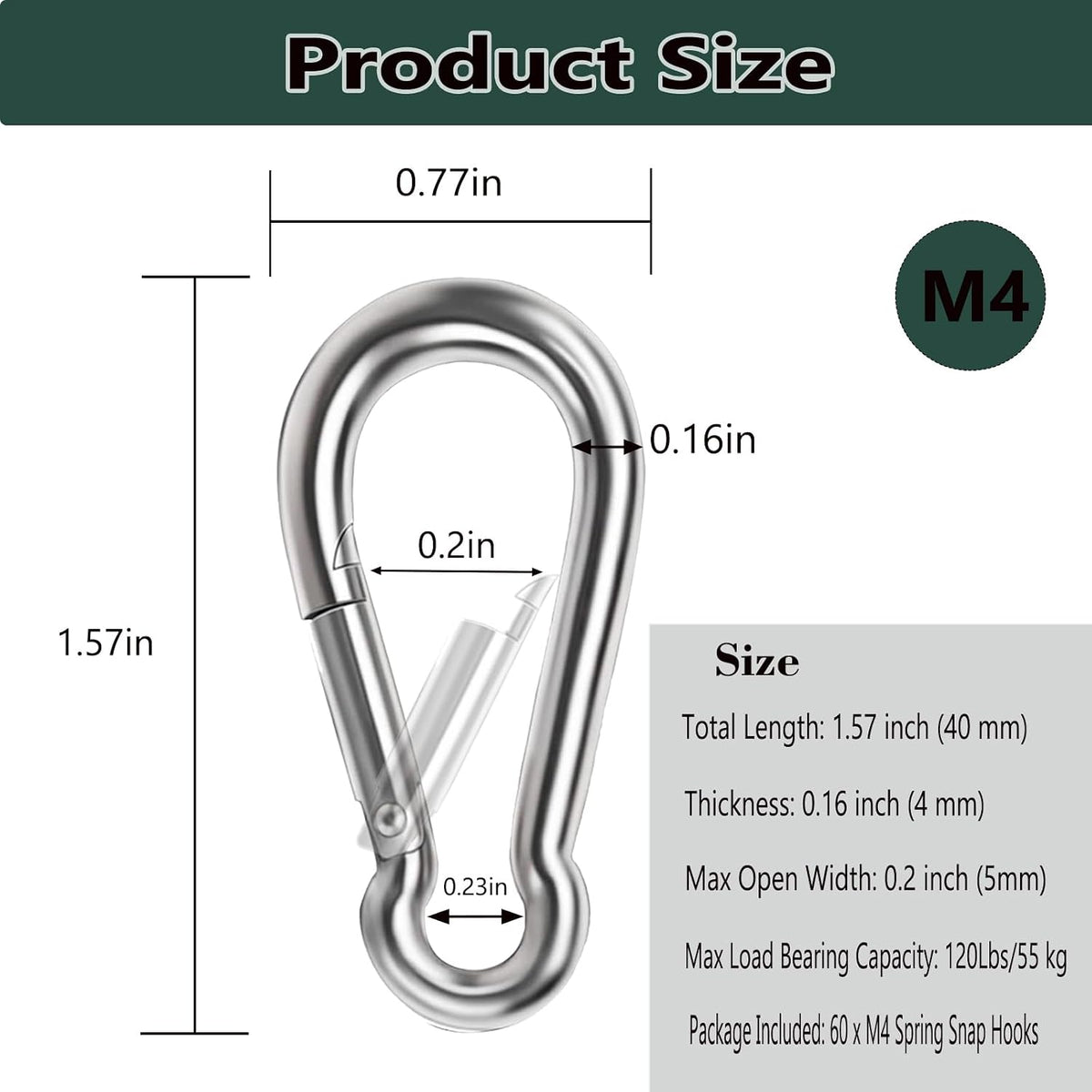 Spring Snap Hook Carabiners, Carabiner Clip, Heavy Duty Galvanized Steel Spring Clip, Quick Link Key Chain for Swing Hammock Gym Outdoor, Holding Capacity