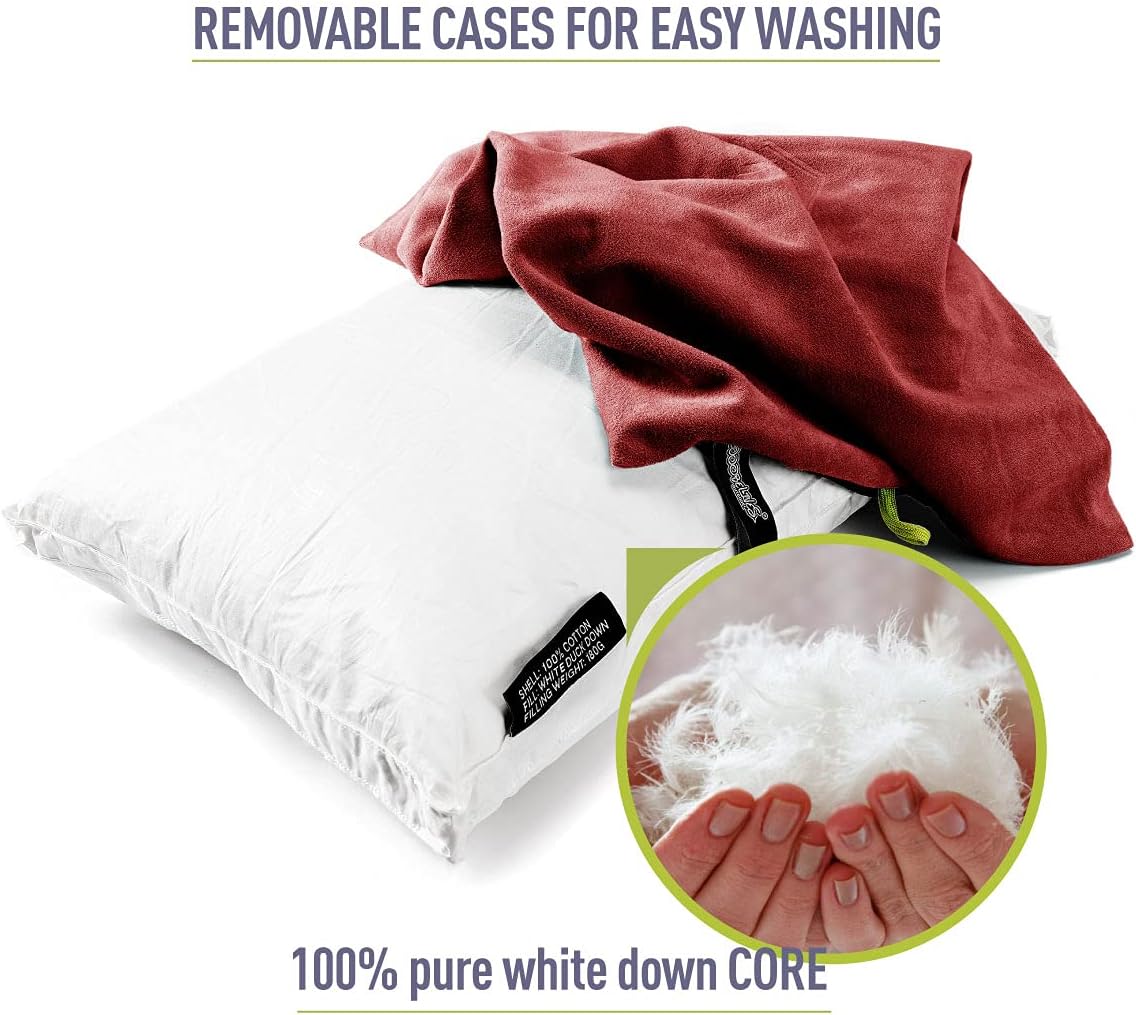 ZOOOBELIVES Down Filled Camping Pillow for Travel, Washable Soft Cover, Small Camp Cushion for Neck & Lumbar Support On-The-Go, Ultralight & Compressible for Hiking Backpacking - AlpliveS2046