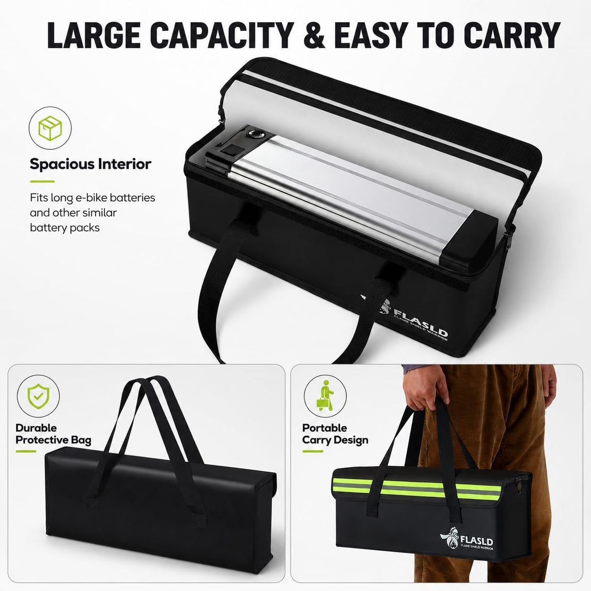 FLASLD E-Bike Battery Safe Bag Explosionproof - Large Capacity Fireproof Lipo Bag for Ebike Battery Charging and Storage (19.3 x 4.3 x 7in)