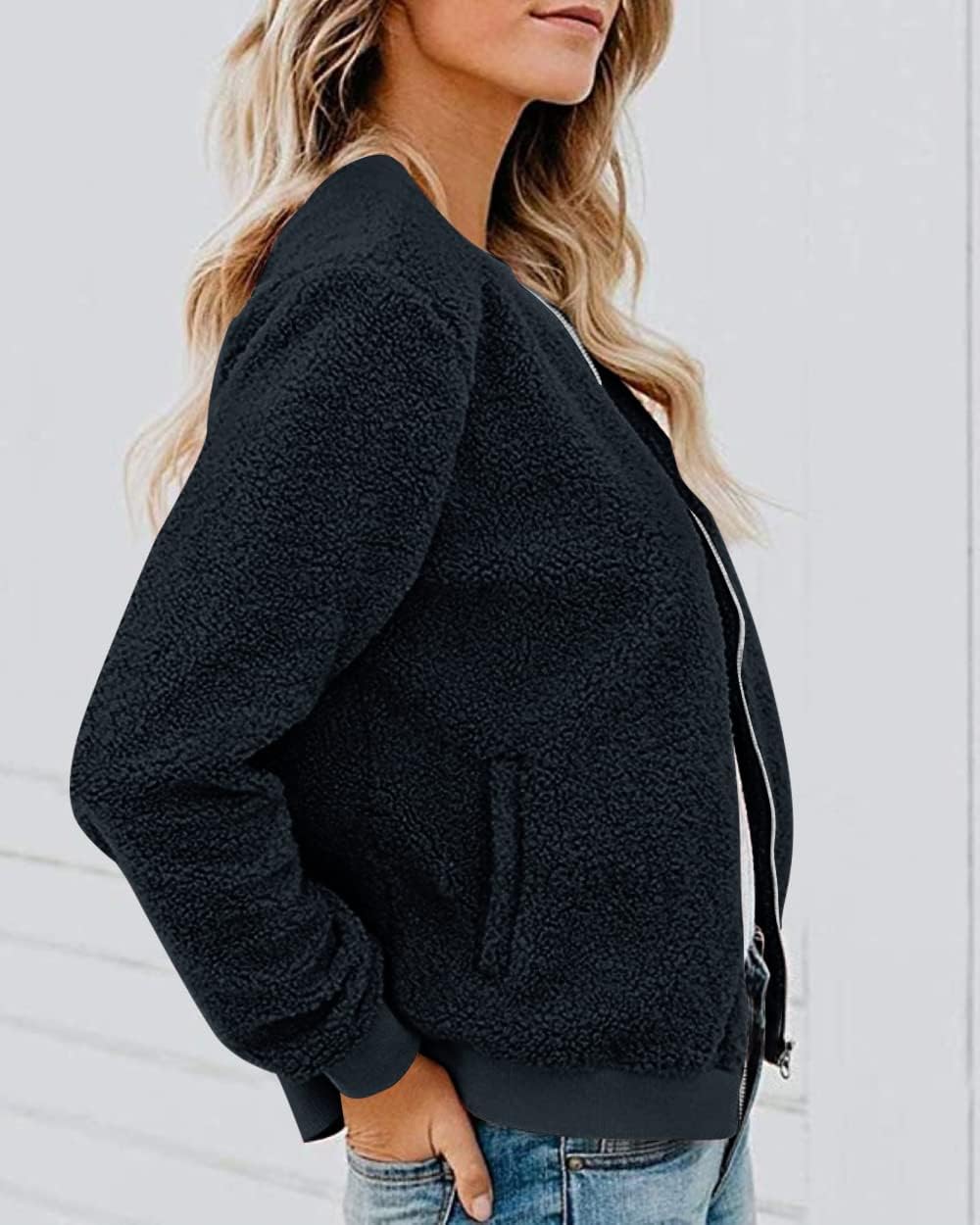 MIROL Women's Fall Fleece Bomber Jacket Trendy Sherpa Winter Coat Fuzzy Casual Long Sleeve Zip Up Loose Fit Jackets