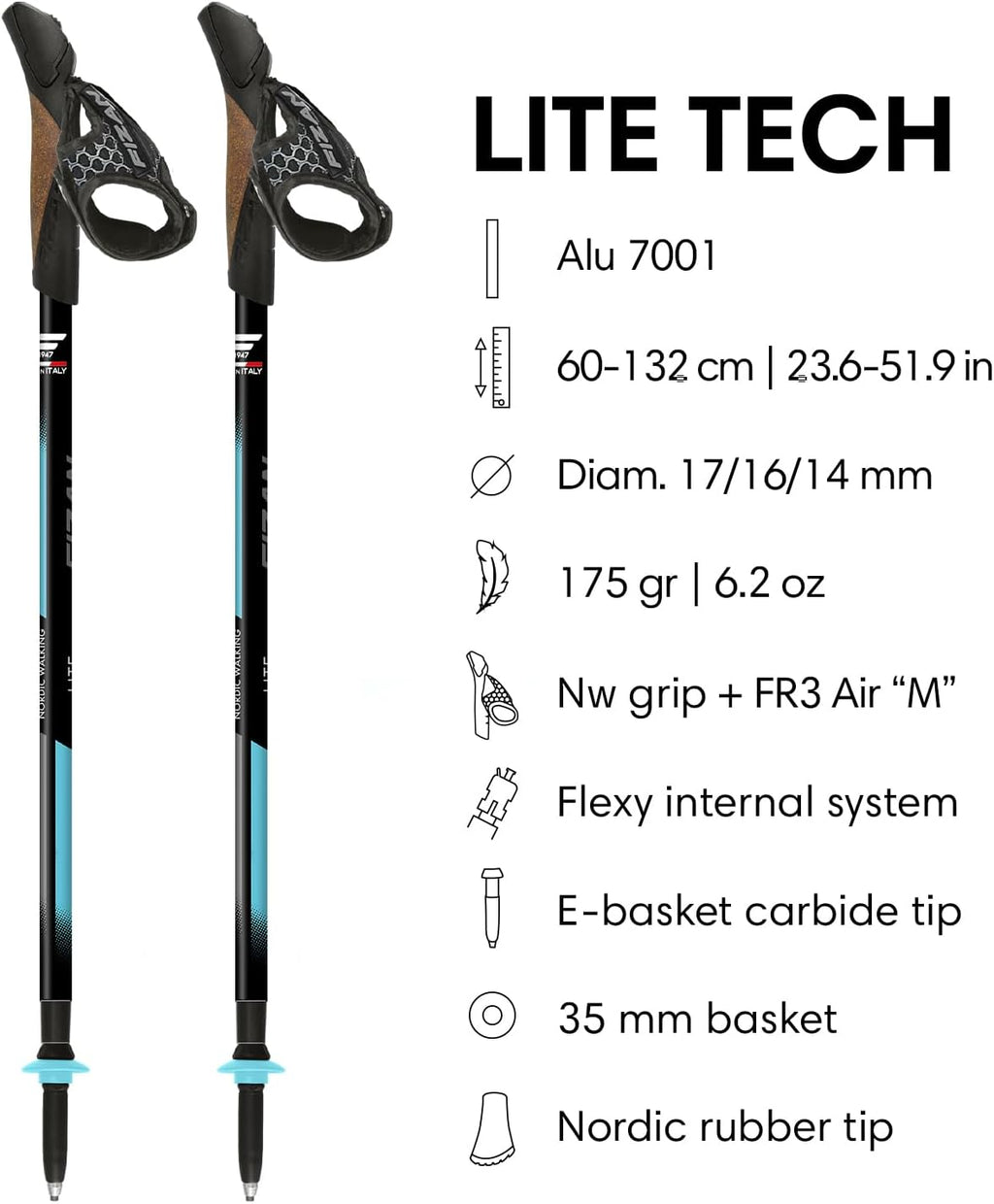 Fizan Lite Tech Nordic Trekking Poles – Ultralight 6.2 oz, Backpacking, Hiking Poles, Adjustable, Telescoping, Walking Sticks