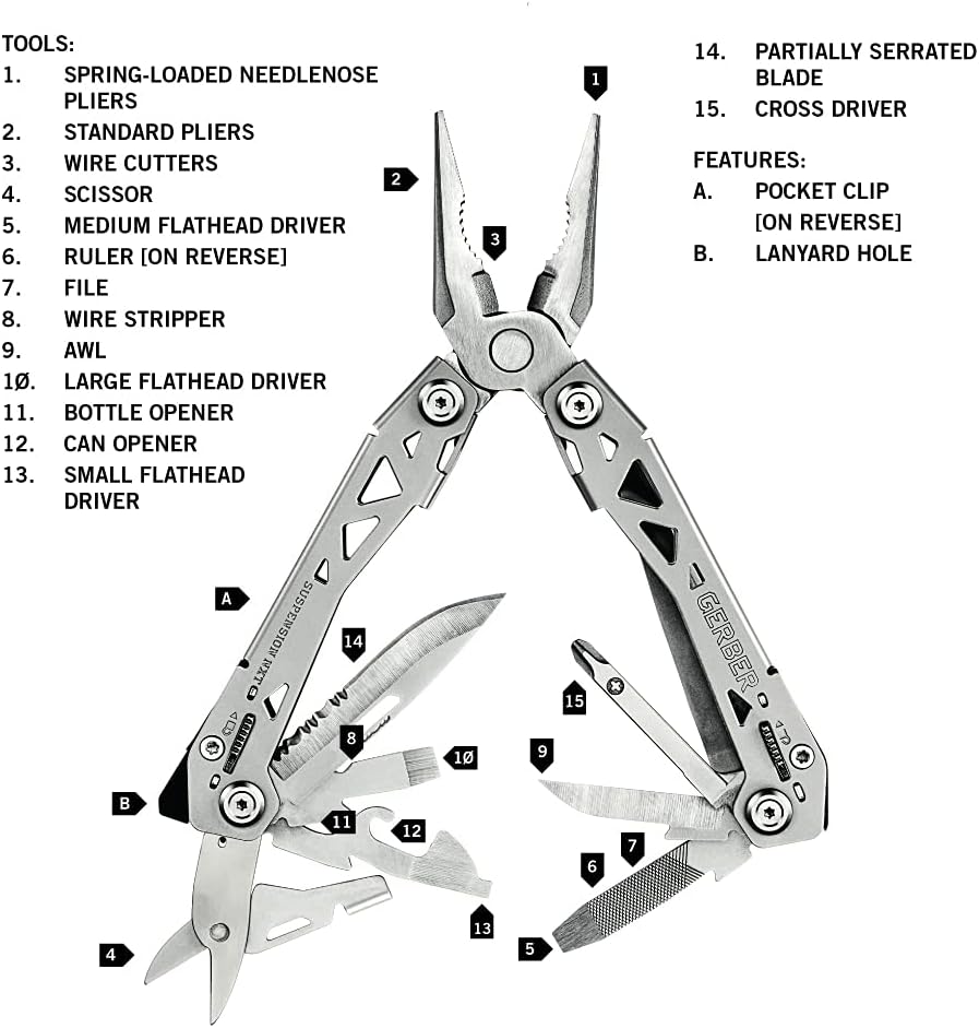 Gerber Suspension NXT 15-in-1 Multitool Pliers, EDC Knife, Stainless Steel