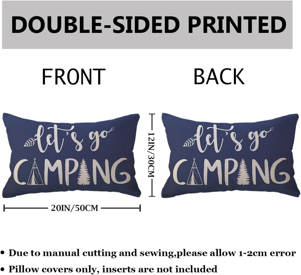 Adventure Camper Decorative Lumbar Pillowcase Double-Sided Let’s Go Camping/Adventure Awaits Throw Pillow Covers Cabin/Camper Cushion Covers 12x20,2Pack for Sofa/Couch/Porch (Blue)