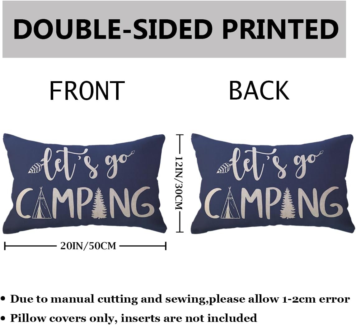 Adventure Camper Decorative Lumbar Pillowcase Double-Sided Let’s Go Camping/Adventure Awaits Throw Pillow Covers Cabin/Camper Cushion Covers 12x20,2Pack for Sofa/Couch/Porch (Blue)