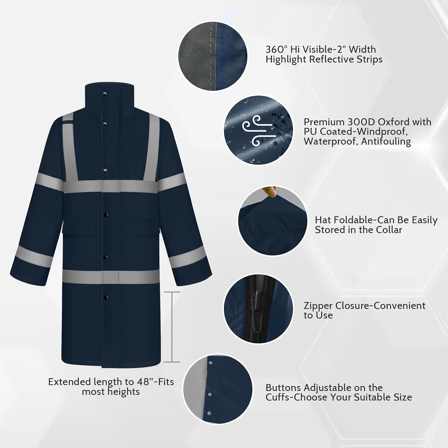 TCCFCCT Rain Jacket Hi Vis Rain Suits Waterproof with Hood, Heavy Duty Long Rain Coats for Work, Safety Rain Gear for Hiking Camping Outdoor Activities, L Navy Blue